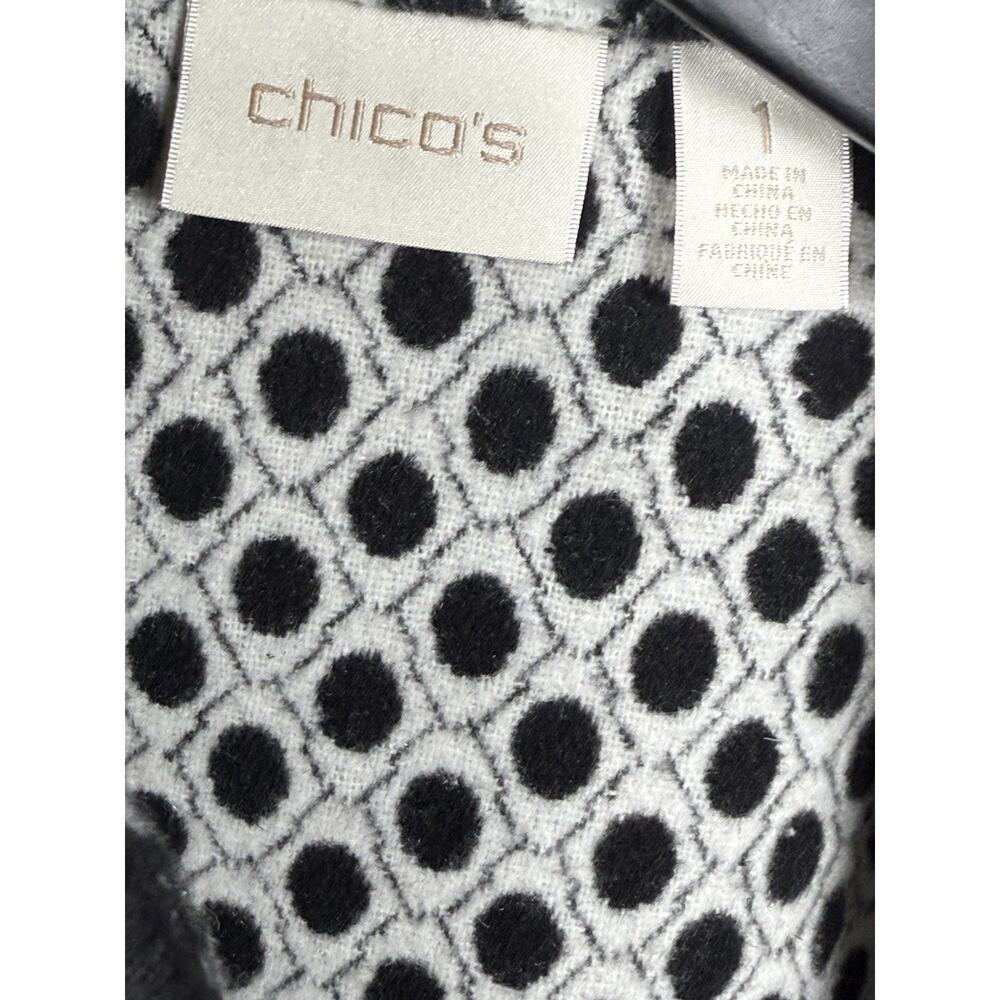 CHICO'S Polka Dot Jacket Sz 1 M 8-10 Blazer Plush Felt Black White Open Front - Picture 6 of 12